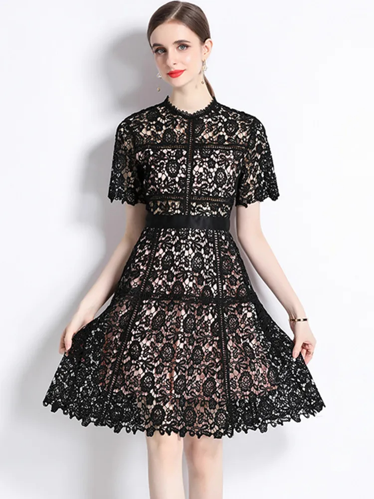 Women New Fashion Summer Lace Hollow Out Dress Ladies Short Sleeve O-Neck Streetwear Dresses Vestidos Female Clothing 2025