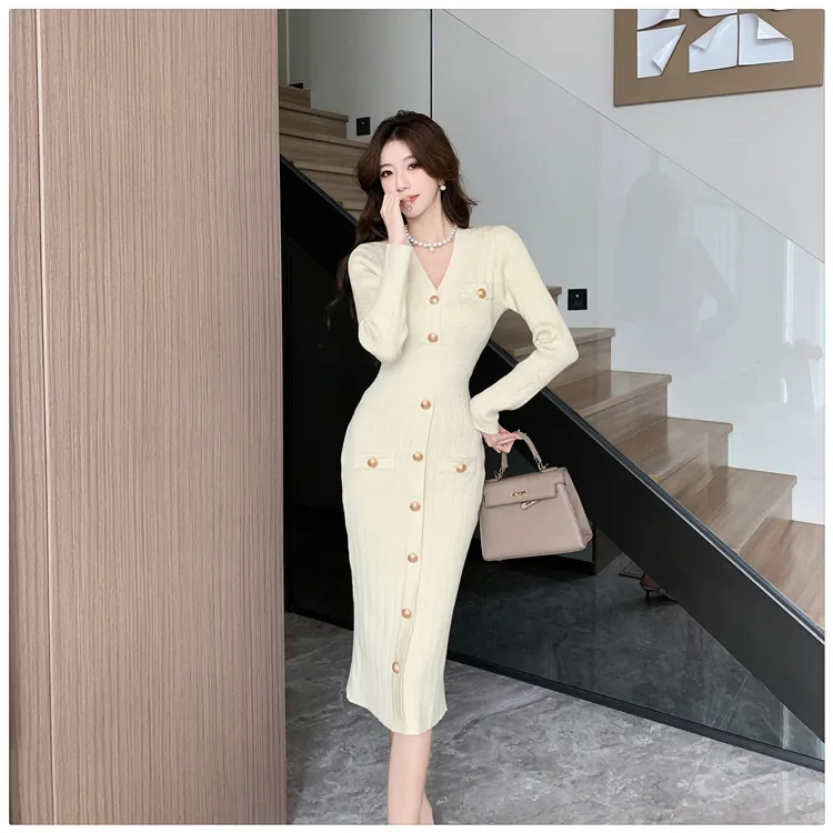 Basic Casual Dresses French Small Fragrance Style Celebrity Sexy V-Neck Single Breasted Slim Long Sleeve Knitted Dress Womens Sweater Long Dresses