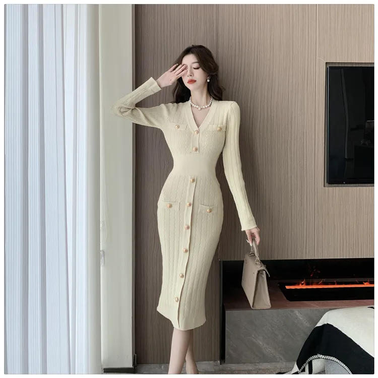 Basic Casual Dresses French Small Fragrance Style Celebrity Sexy V-Neck Single Breasted Slim Long Sleeve Knitted Dress Womens Sweater Long Dresses