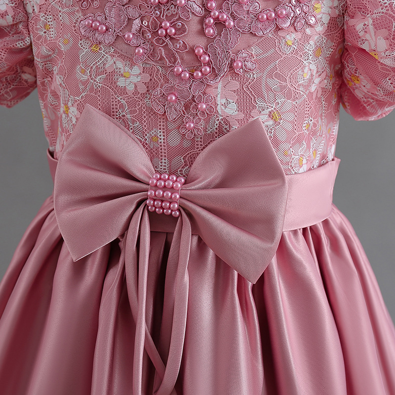 Pink Pearls Flower Girl Dresses Jewel Neck Ball Lace Appliques Beads With Bow Kids Girls Pageant Satin Birthday Gowns Tail Dress Bridesmaid Gown 403