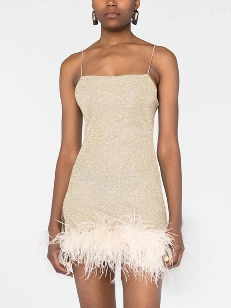 Casual Dresses Women S Y2K Shiny Bodycon Dress Sexy Sleeveless Spaghetti Strap Feather Trim Solid Color Mini Party Clubwear Short