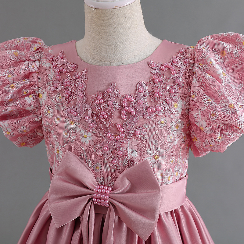 Pink Pearls Flower Girl Dresses Jewel Neck Ball Lace Appliques Beads With Bow Kids Girls Pageant Satin Birthday Gowns Tail Dress Bridesmaid Gown 403