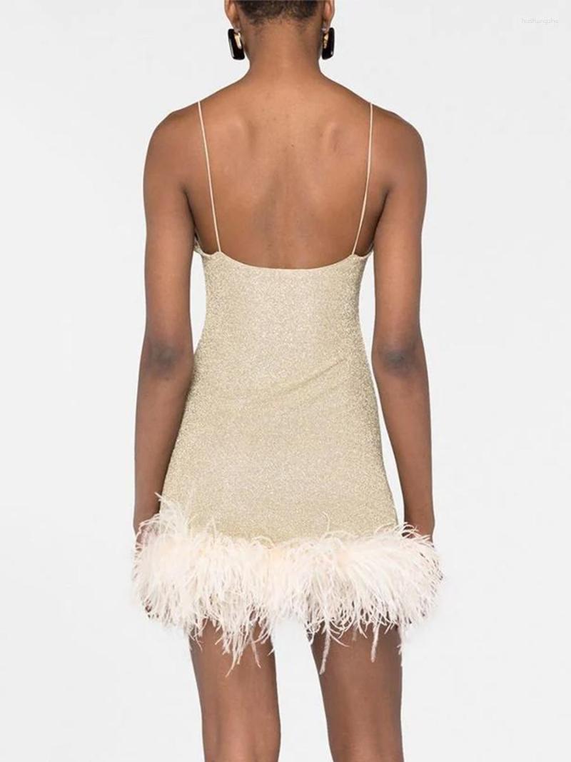 Casual Dresses Women S Y2K Shiny Bodycon Dress Sexy Sleeveless Spaghetti Strap Feather Trim Solid Color Mini Party Clubwear Short