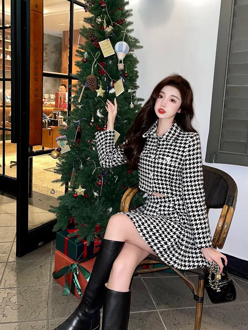 Two Piece Dress Women Two-Piece Set Vintage Office Lady Single Breasted Tweed Short Jacket Female Slim High Waist Shorts Houndstooth Skirt Suit 2024