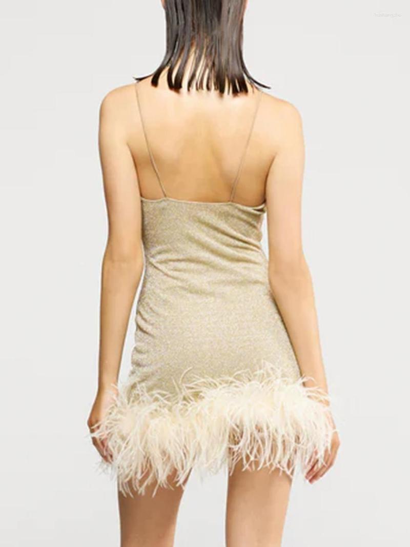 Casual Dresses Women S Y2K Shiny Bodycon Dress Sexy Sleeveless Spaghetti Strap Feather Trim Solid Color Mini Party Clubwear Short