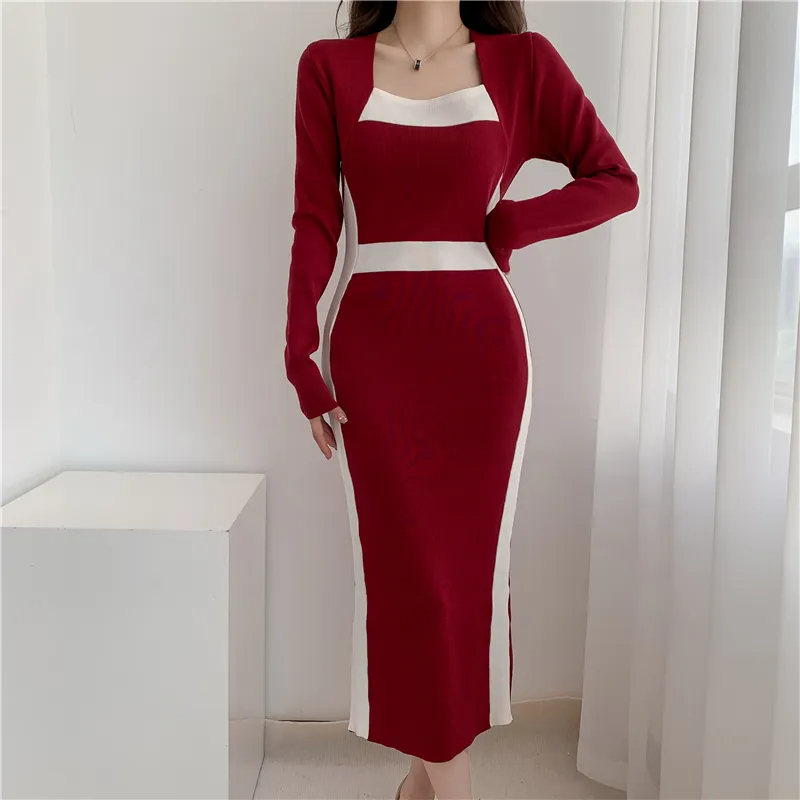 Basic Casual Dresses New Autumn Winter French Long Sleeve Black White Color Matching Sweater Dress Women Slim Waist Celebrity Knit Long Dress 2024