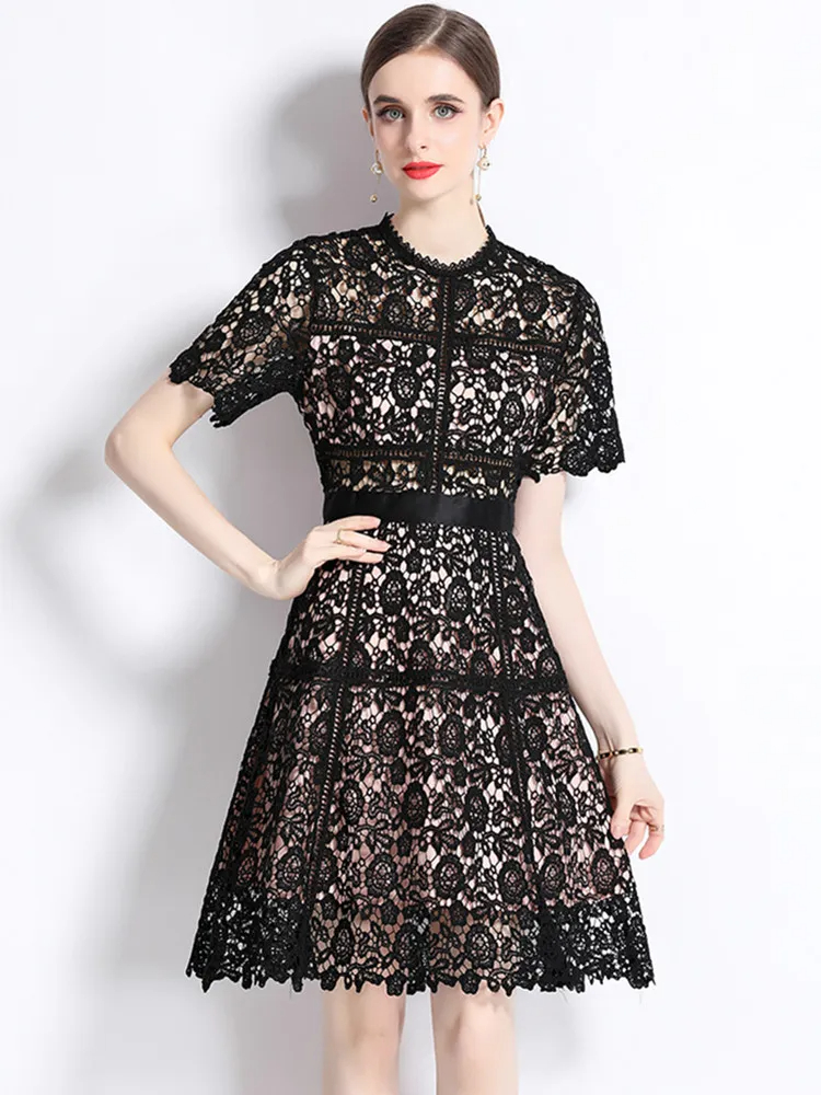 Women New Fashion Summer Lace Hollow Out Dress Ladies Short Sleeve O-Neck Streetwear Dresses Vestidos Female Clothing 2025