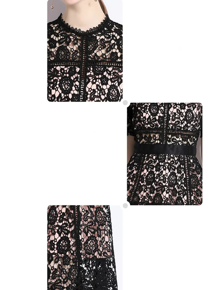 Women New Fashion Summer Lace Hollow Out Dress Ladies Short Sleeve O-Neck Streetwear Dresses Vestidos Female Clothing 2025