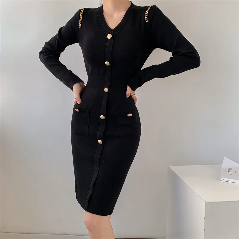 Basic Casual Dresses New Autumn Winter Knitted Dress For Women Slim Small Fragrant Style Celebrity Sexy V-Neck Temperament Black Long Sleeved Dresses 