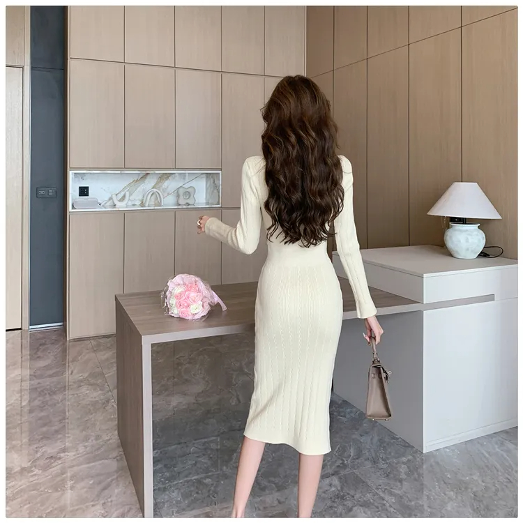 Basic Casual Dresses French Small Fragrance Style Celebrity Sexy V-Neck Single Breasted Slim Long Sleeve Knitted Dress Womens Sweater Long Dresses