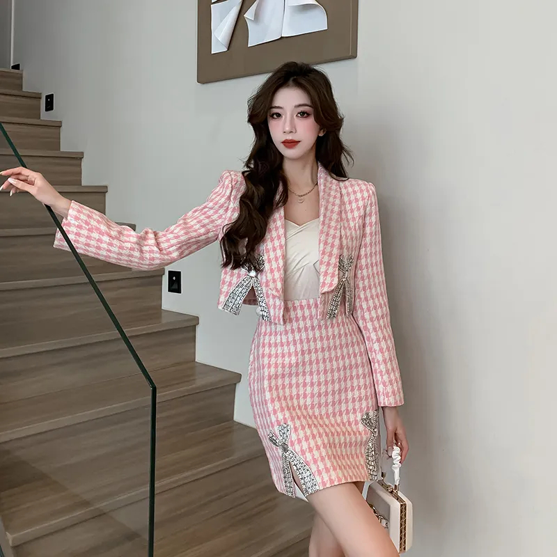 Two Piece Dress High Quality Autumn Winter Diamond Bow Houndstooth Woolen Short Jacket Coat Two Piece Set Women A-Lin Skirt Suits 2024