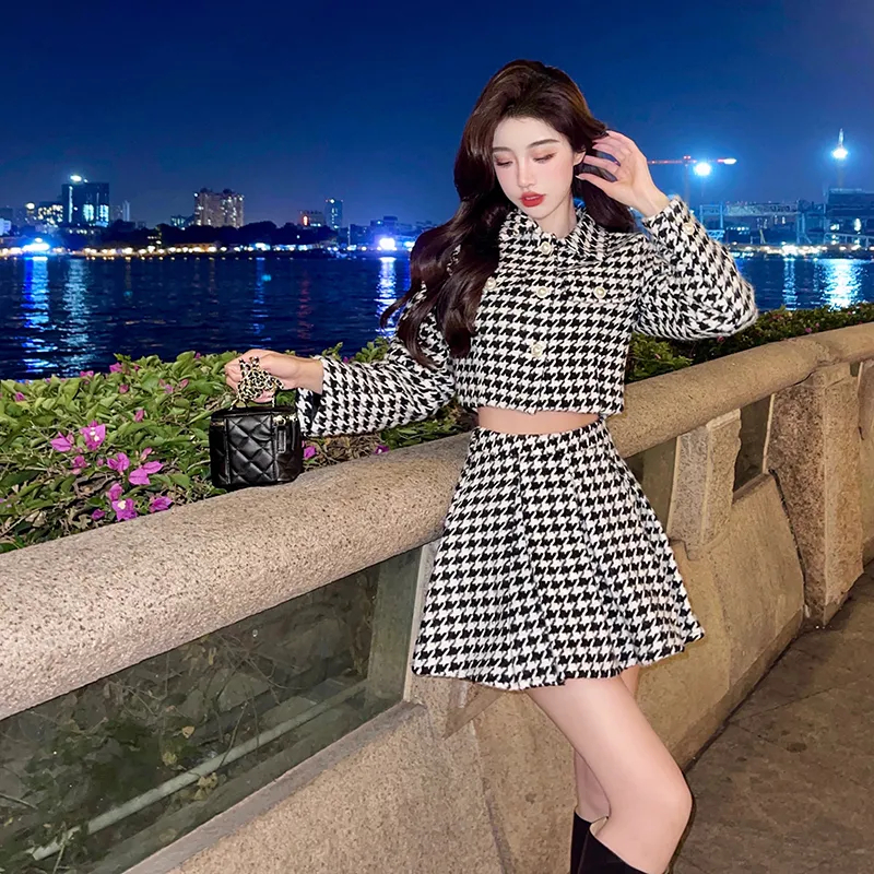 Two Piece Dress Women Two-Piece Set Vintage Office Lady Single Breasted Tweed Short Jacket Female Slim High Waist Shorts Houndstooth Skirt Suit 2024