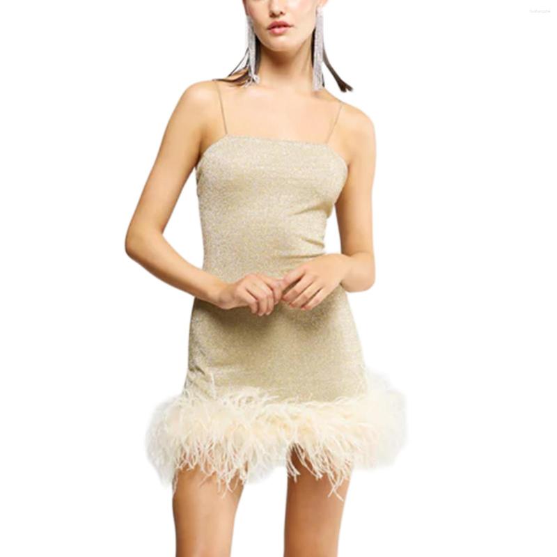 Casual Dresses Women S Y2K Shiny Bodycon Dress Sexy Sleeveless Spaghetti Strap Feather Trim Solid Color Mini Party Clubwear Short