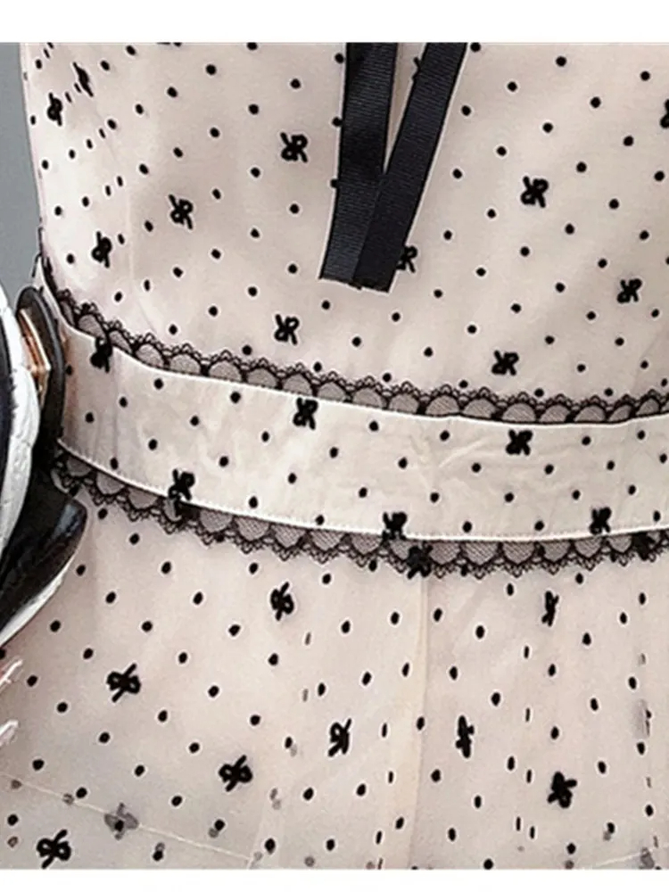 Basic Casual Dresses New Fashion Light Luxury Dot Flocking Mesh Patchwork Cake Dress Women Short Sleeve Temperament Long Dresses Vestidos 2024