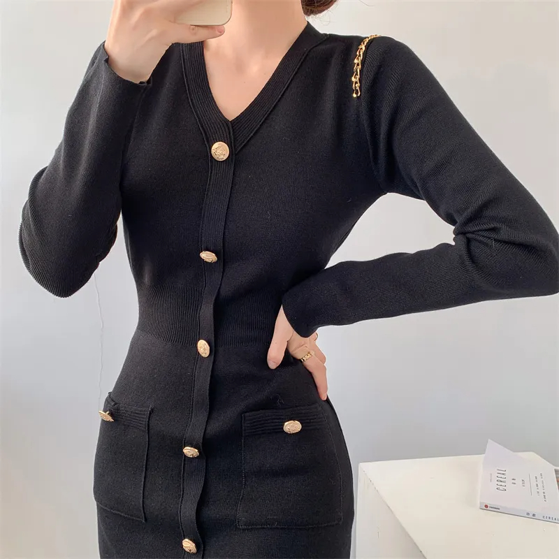 Basic Casual Dresses New Autumn Winter Knitted Dress For Women Slim Small Fragrant Style Celebrity Sexy V-Neck Temperament Black Long Sleeved Dresses 