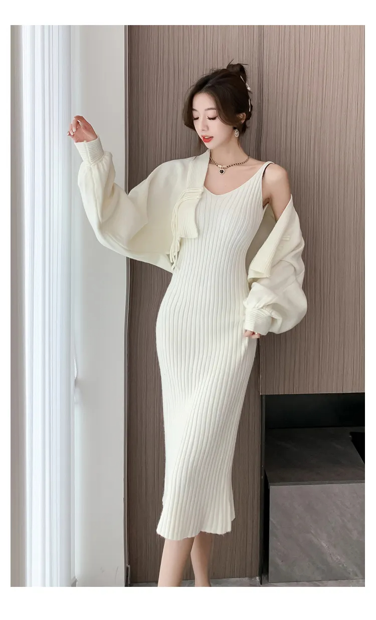 Two Piece Dress New Winter Spaghetti Strap Dress Two Piece Set Soft French Small Fragrance Style Knitted Cover Up Sets Knitted Cardigan Top Suit 2024