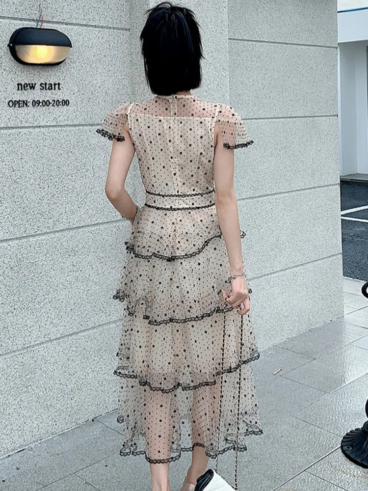 Basic Casual Dresses New Fashion Light Luxury Dot Flocking Mesh Patchwork Cake Dress Women Short Sleeve Temperament Long Dresses Vestidos 2024