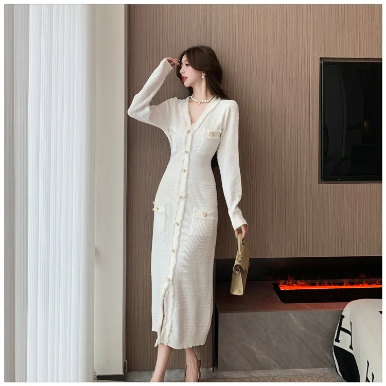 Basic Casual Dresses French Style Small Fragrance V-Neck Long Sleeved Knitted Dress Women Fashion Temperament Tassels Sweater Long Dresses 2024
