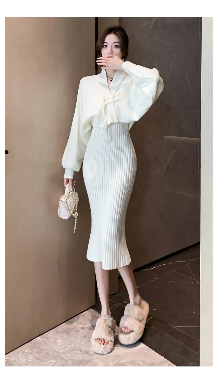Two Piece Dress New Winter Spaghetti Strap Dress Two Piece Set Soft French Small Fragrance Style Knitted Cover Up Sets Knitted Cardigan Top Suit 2024