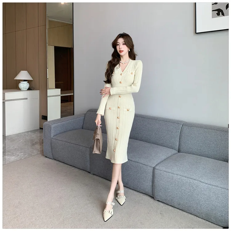 Basic Casual Dresses French Small Fragrance Style Celebrity Sexy V-Neck Single Breasted Slim Long Sleeve Knitted Dress Womens Sweater Long Dresses