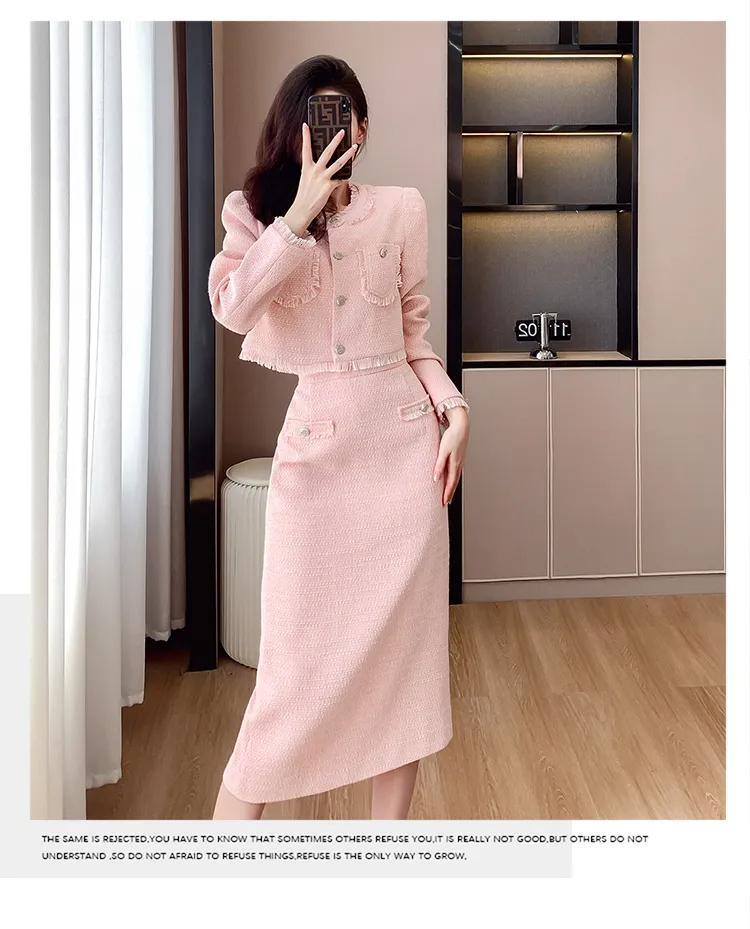 Two Piece Dress High-End New Autumn Winter French Small Fragrance Style Tweed Two Piece Set Women Luxury Pink Woolen Long Skirt Sets
