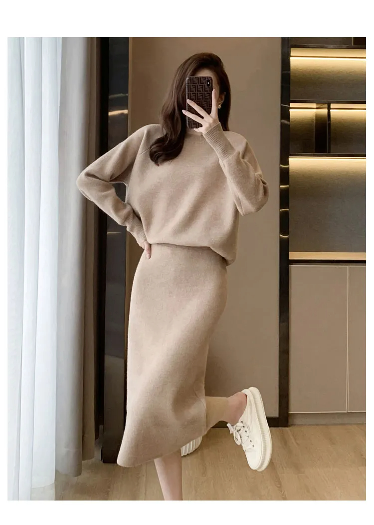 Two Piece Dress New Autumn Winter Elegant Runway Style Slim Sweater Set Women Fashion Soft Knitted Skirt Two Piece Skirt Sets 2024