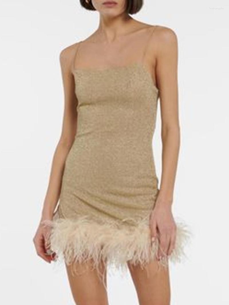 Casual Dresses Women S Y2K Shiny Bodycon Dress Sexy Sleeveless Spaghetti Strap Feather Trim Solid Color Mini Party Clubwear Short