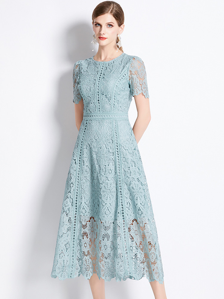 Basic Casual Dresses French Fashion Hollow Out Long Dress Women Summer Short Sleeve Elegant Mid-Length High Quality Vestidos Vintage High-End O-Neck L