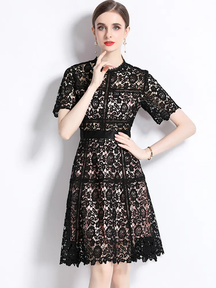 Women New Fashion Summer Lace Hollow Out Dress Ladies Short Sleeve O-Neck Streetwear Dresses Vestidos Female Clothing 2025