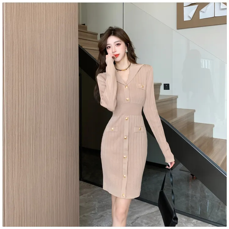 Basic Casual Dresses Women New Autumn/Winter Knitted Dress French Vintage Small Fragrance Style Celebrity Temperament Sweater Dresses Vestidos 2024