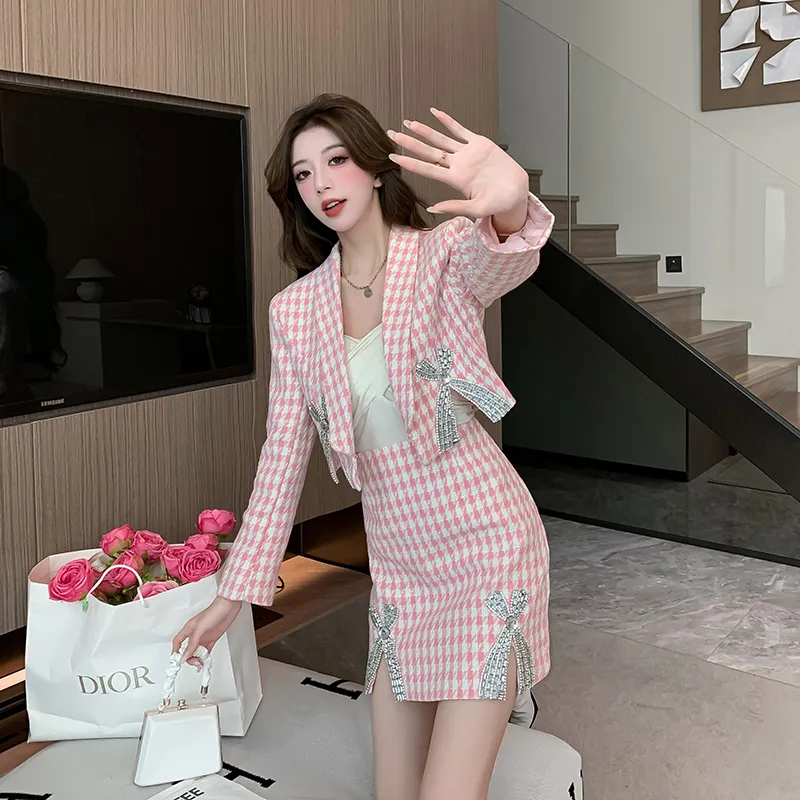 Two Piece Dress High Quality Autumn Winter Diamond Bow Houndstooth Woolen Short Jacket Coat Two Piece Set Women A-Lin Skirt Suits 2024