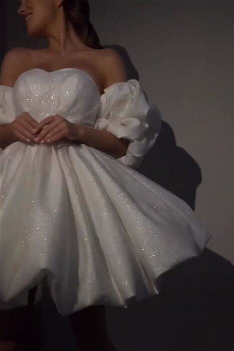 Fashion Short A Line Dresses Sweetheart Glitter Wedding Dress Puffy Sleeves Designer Bridal Gowns 0616