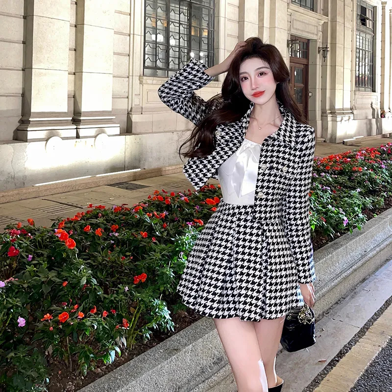 Two Piece Dress Women Two-Piece Set Vintage Office Lady Single Breasted Tweed Short Jacket Female Slim High Waist Shorts Houndstooth Skirt Suit 2024