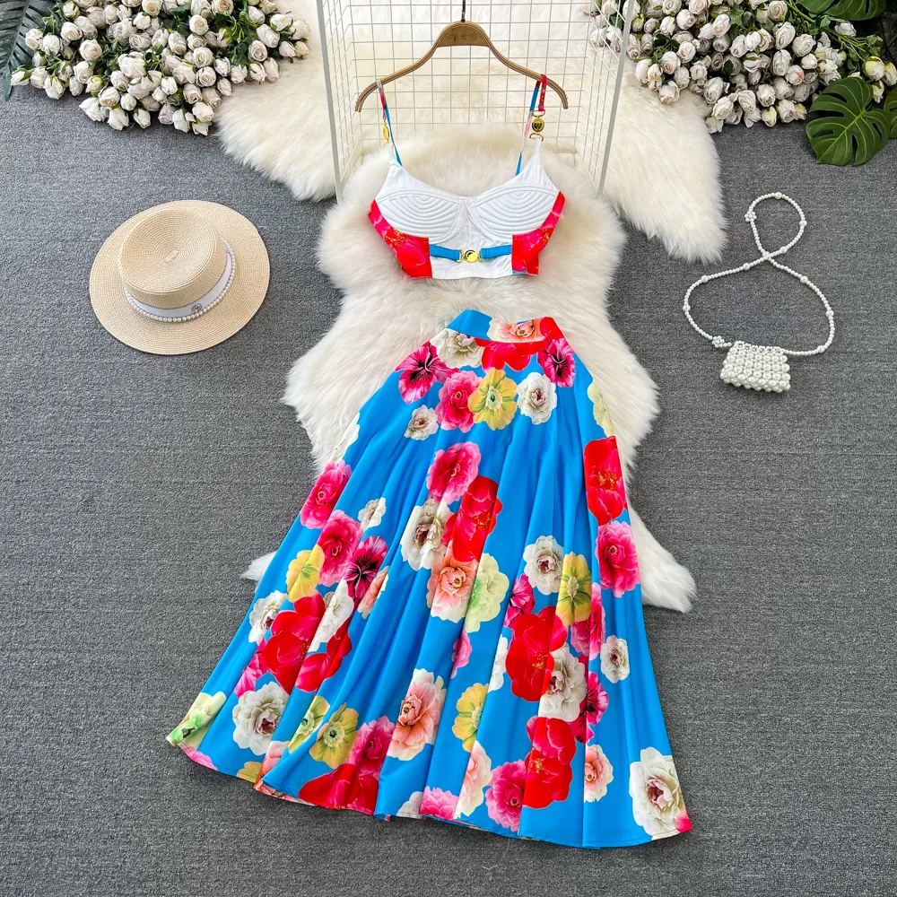 Two Piece Dress A Line Summer Holiday Runway 2 Pieces Set Women's Spaghetti Strap Padded Cup Back Zipper Flower Print Short Tops Long Skirt Suit 