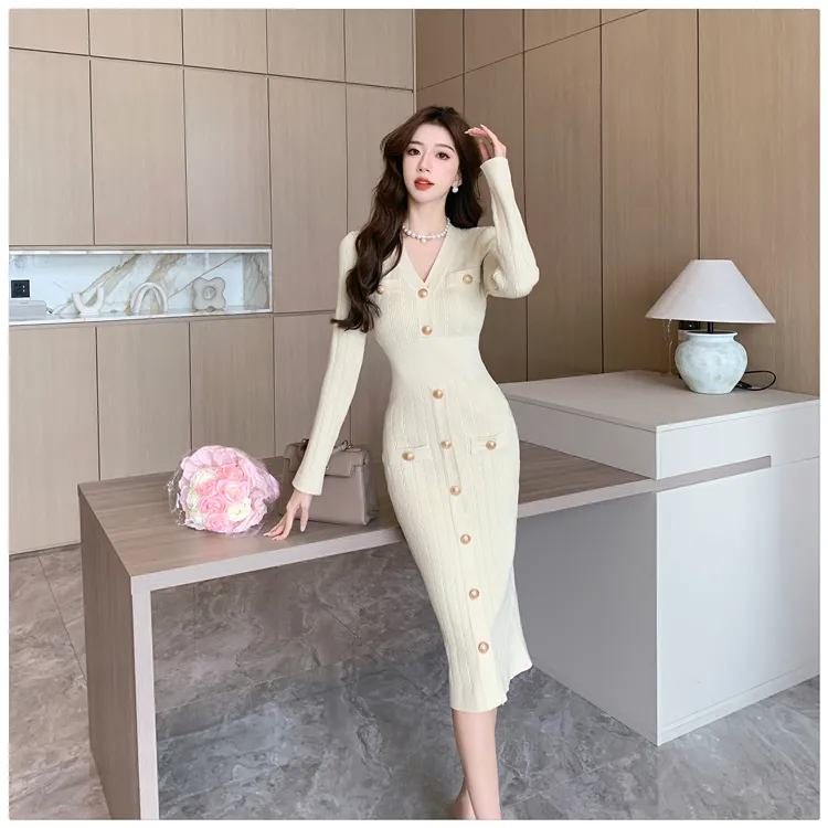 Basic Casual Dresses French Small Fragrance Style Celebrity Sexy V-Neck Single Breasted Slim Long Sleeve Knitted Dress Womens Sweater Long Dresses