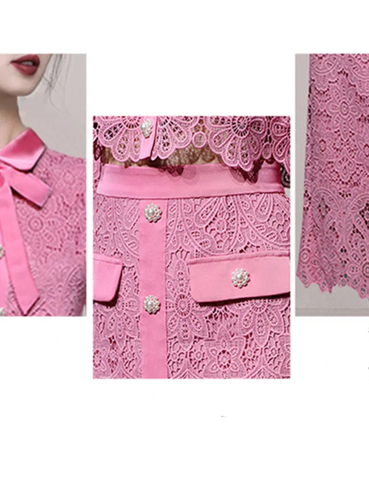 Two Piece Dress Elegant Hollow Out 2 Pieces Set Women Long Sleeve Bow Lace Tops + High Waist Slim A Line Skirts Casual Office Skirt Suit