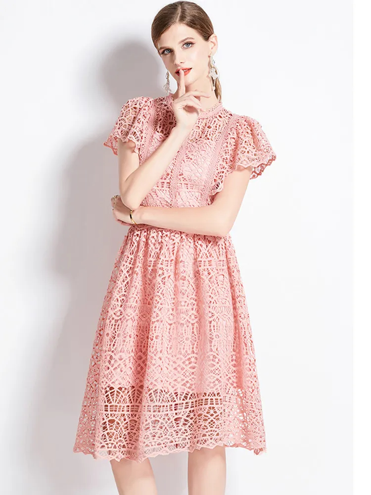 Basic Casual Dresses Celebrity High Quality Lace Hollow Out Summer Dress Womens Flower Embroidery Design O-Neck Temperament Dress Vestidos 2024