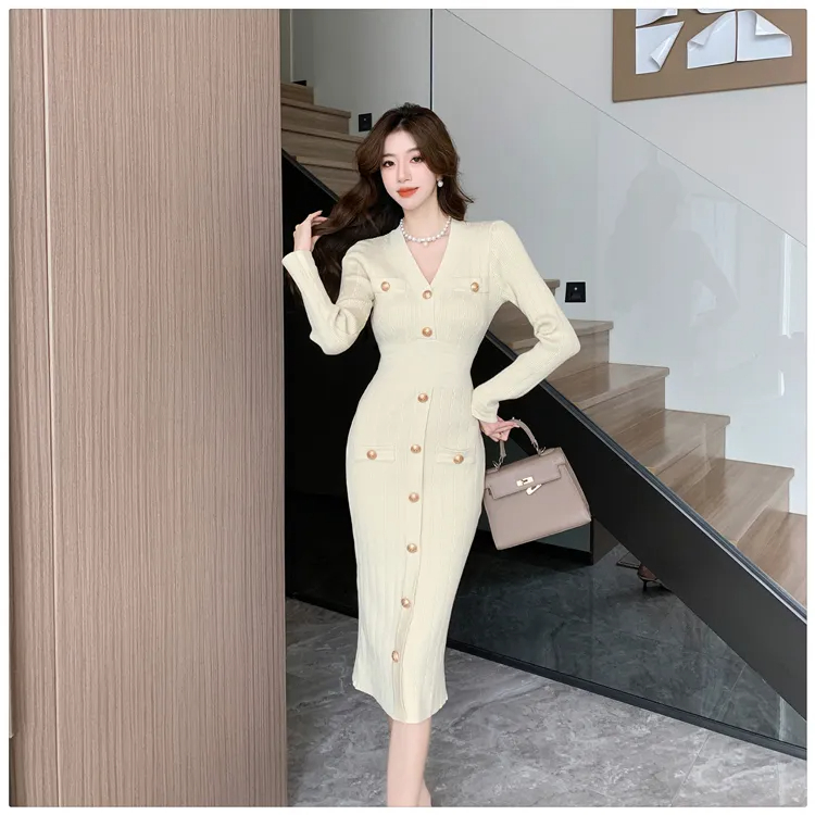 Basic Casual Dresses French Small Fragrance Style Celebrity Sexy V-Neck Single Breasted Slim Long Sleeve Knitted Dress Womens Sweater Long Dresses