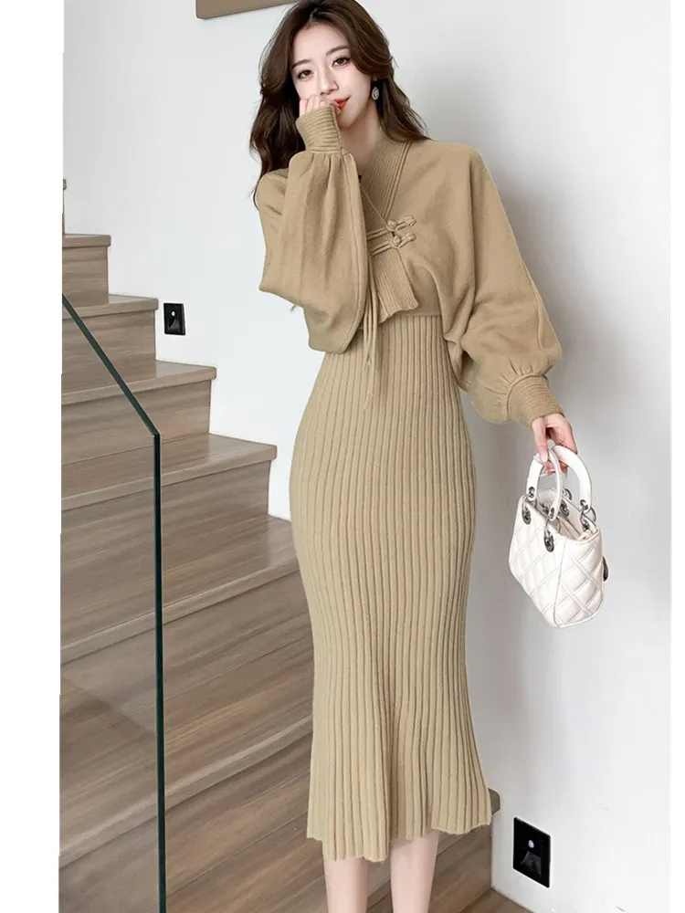 Two Piece Dress New Winter Spaghetti Strap Dress Two Piece Set Soft French Small Fragrance Style Knitted Cover Up Sets Knitted Cardigan Top Suit 2024