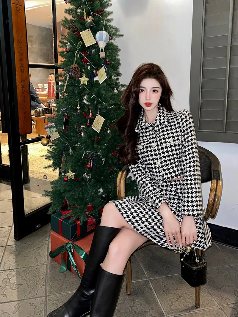 Two Piece Dress Women Two-Piece Set Vintage Office Lady Single Breasted Tweed Short Jacket Female Slim High Waist Shorts Houndstooth Skirt Suit 2024