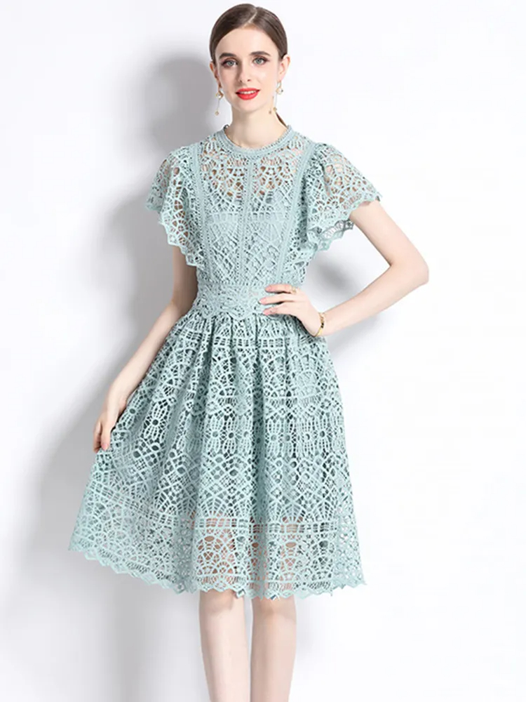 Basic Casual Dresses Celebrity High Quality Lace Hollow Out Summer Dress Womens Flower Embroidery Design O-Neck Temperament Dress Vestidos 2024