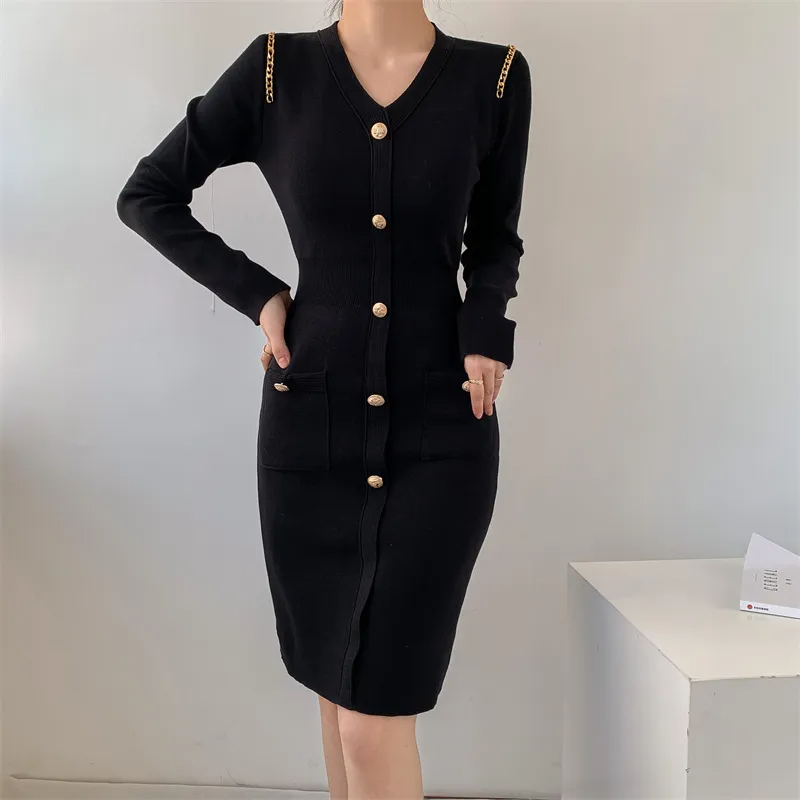 Basic Casual Dresses New Autumn Winter Knitted Dress For Women Slim Small Fragrant Style Celebrity Sexy V-Neck Temperament Black Long Sleeved Dresses 