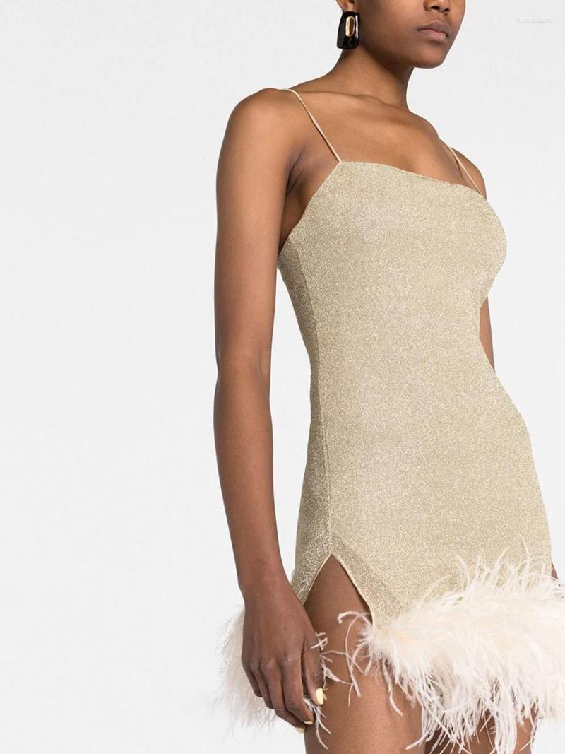 Casual Dresses Women S Y2K Shiny Bodycon Dress Sexy Sleeveless Spaghetti Strap Feather Trim Solid Color Mini Party Clubwear Short