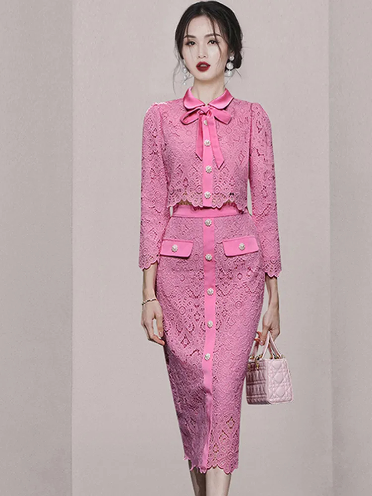 Two Piece Dress Elegant Hollow Out 2 Pieces Set Women Long Sleeve Bow Lace Tops + High Waist Slim A Line Skirts Casual Office Skirt Suit