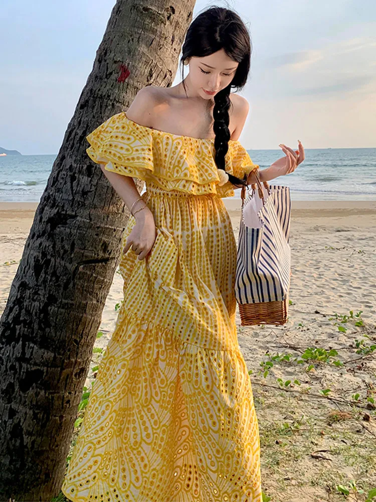 Basic Casual Dresses French Embroidery Hollow Out Elegant Summer Dress For Women Sexy Slash Neck Short Sleeve High Waist Midi Dresses Female Clothing 