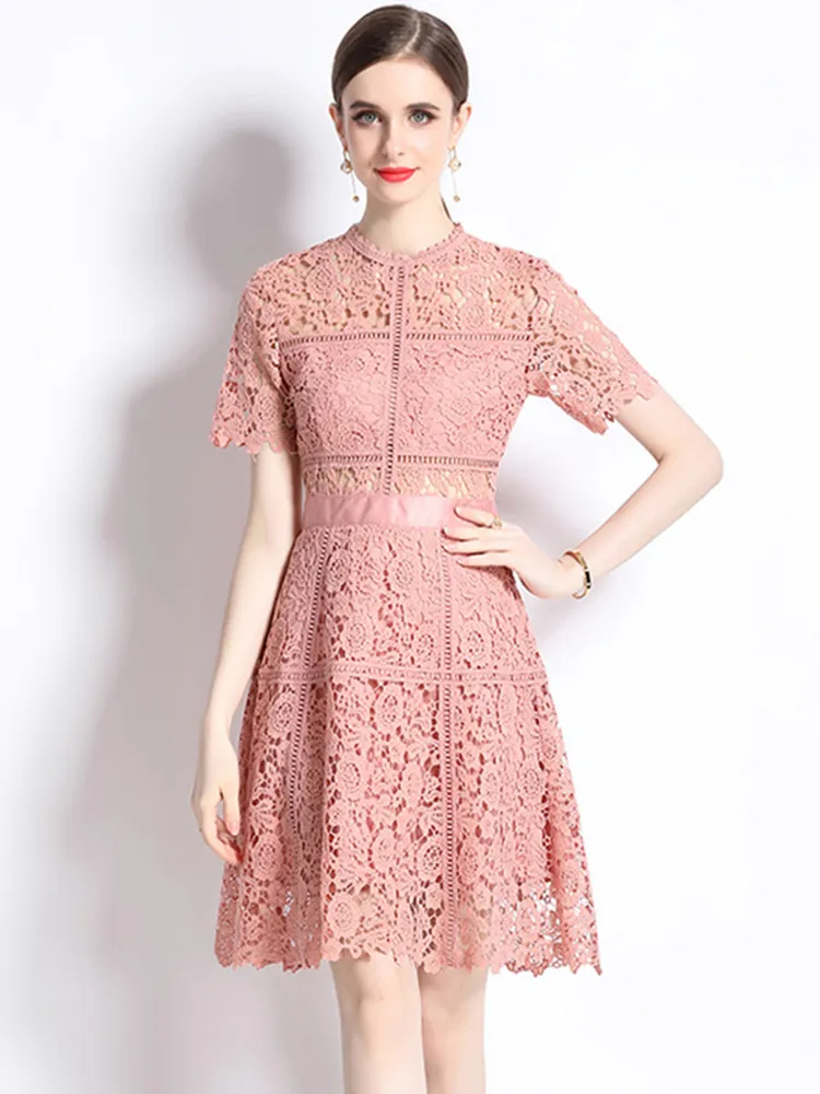 Women New Fashion Summer Lace Hollow Out Dress Ladies Short Sleeve O-Neck Streetwear Dresses Vestidos Female Clothing 2025