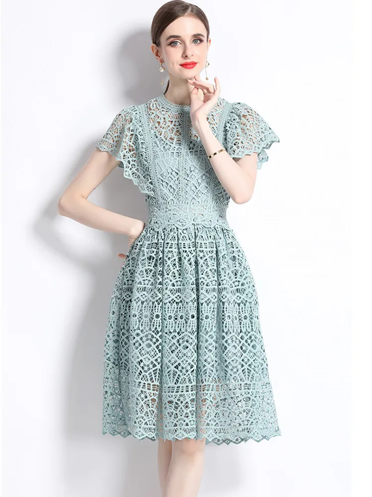 Basic Casual Dresses Celebrity High Quality Lace Hollow Out Summer Dress Womens Flower Embroidery Design O-Neck Temperament Dress Vestidos 2024