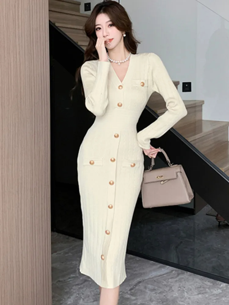 Basic Casual Dresses French Small Fragrance Style Celebrity Sexy V-Neck Single Breasted Slim Long Sleeve Knitted Dress Womens Sweater Long Dresses