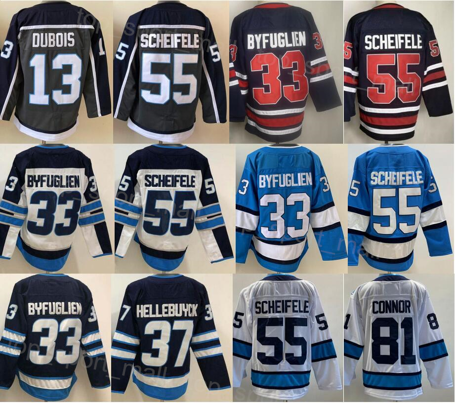 Men Ice Hockey 81 Kyle Connor Jersey 55 Mark Scheifele 37 Connor Hellebuyck 33 Dustin Byfuglien Vinatge Reverse Retro Embroidery And Sewing Navy Blue White Team