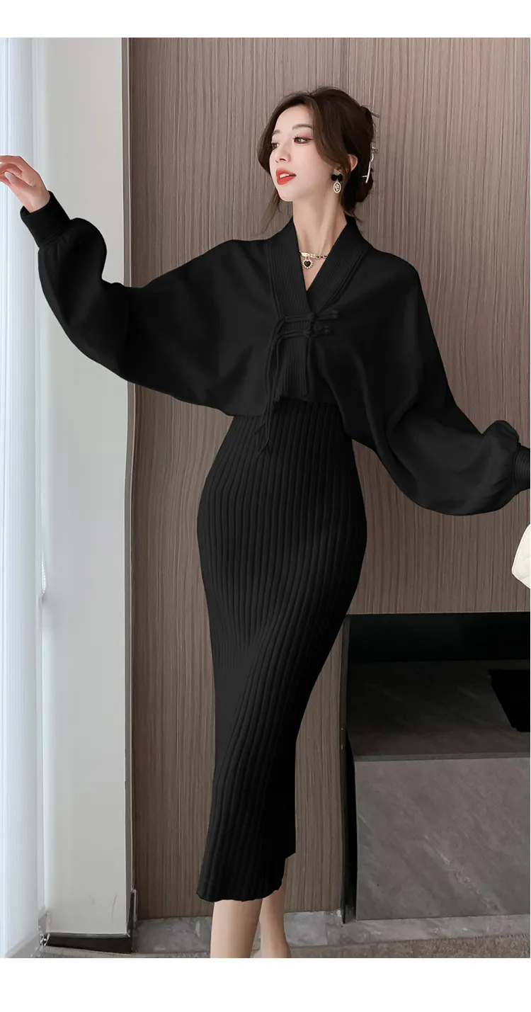 Two Piece Dress New Winter Spaghetti Strap Dress Two Piece Set Soft French Small Fragrance Style Knitted Cover Up Sets Knitted Cardigan Top Suit 2024